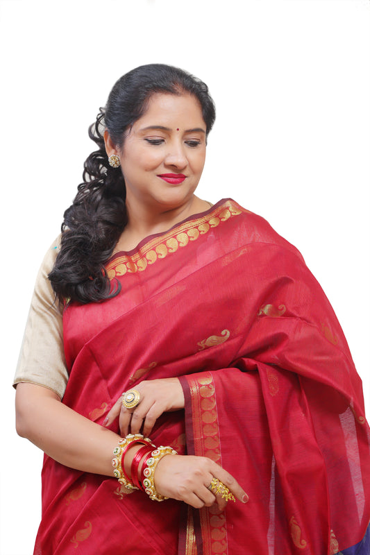 Red and Blue Cotton Silk Saree for Women – Designer & Traditional Saree | Rangraga