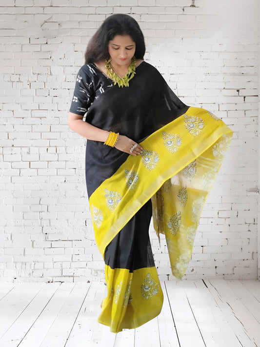 Yellow Linen Hand Block Print Saree