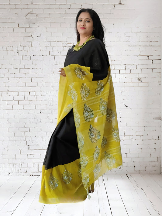 Yellow Linen Hand Block Print Saree