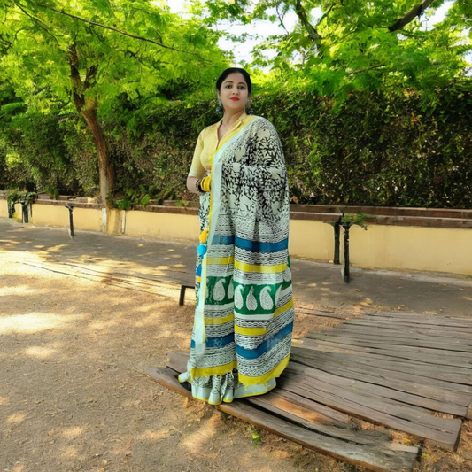 Yellow & Black Linen Hand Block Print Saree