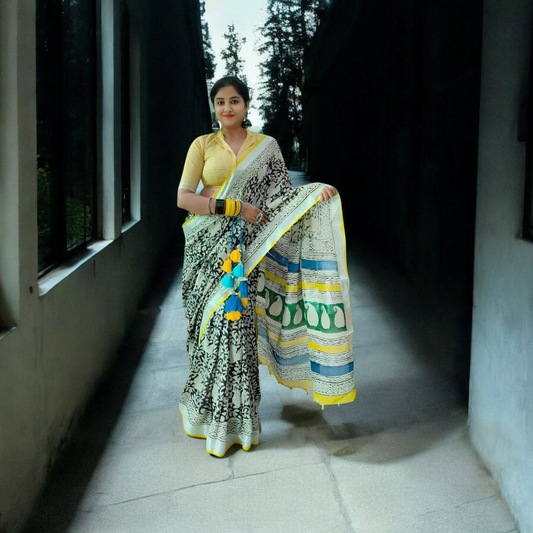 Yellow & Black Linen Hand Block Print Saree