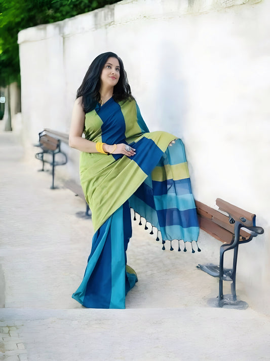 Blue and green cotton saree