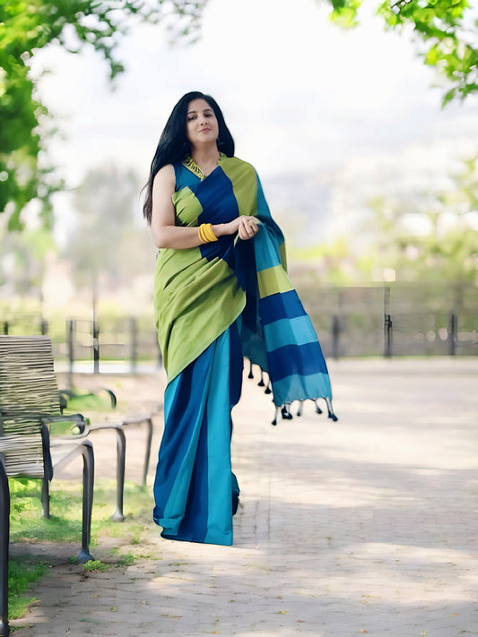 Blue and green cotton saree