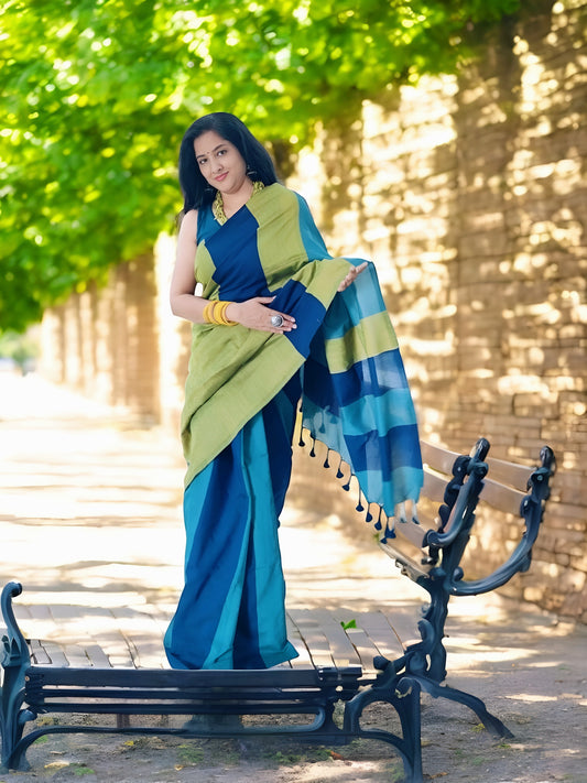 Blue & Green Linen Hand Block Print Saree