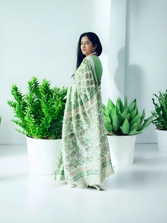 Green Linen Hand Block Print Saree