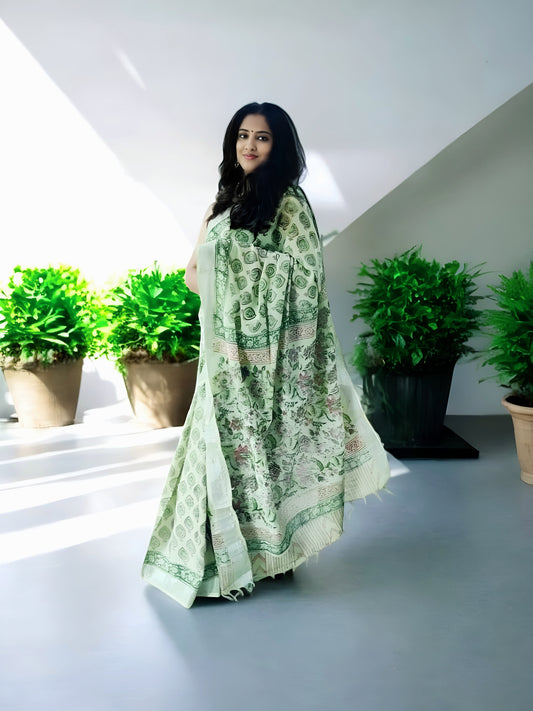 Green Linen Hand Block Print Saree