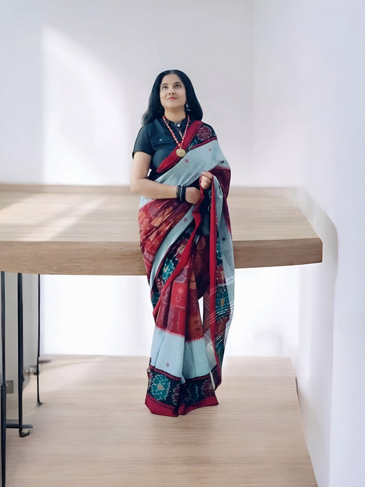 Red and Grey Cotton Saree