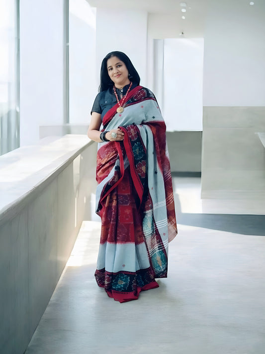 Red and Grey Cotton Saree