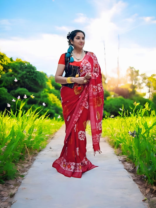 Red Linen Hand Block Print Saree