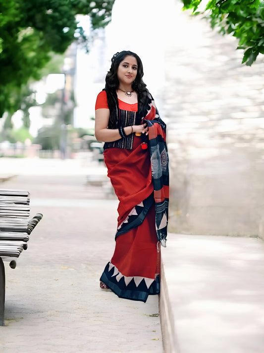 Red & Black Linen Hand Block Print Saree