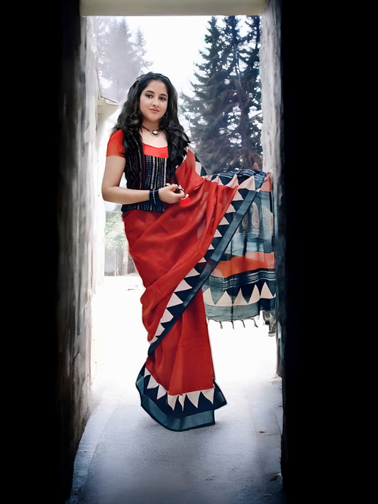 Red & Black Linen Hand Block Print Saree