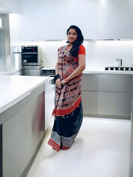 Red & Black Linen Hand Block Print Saree