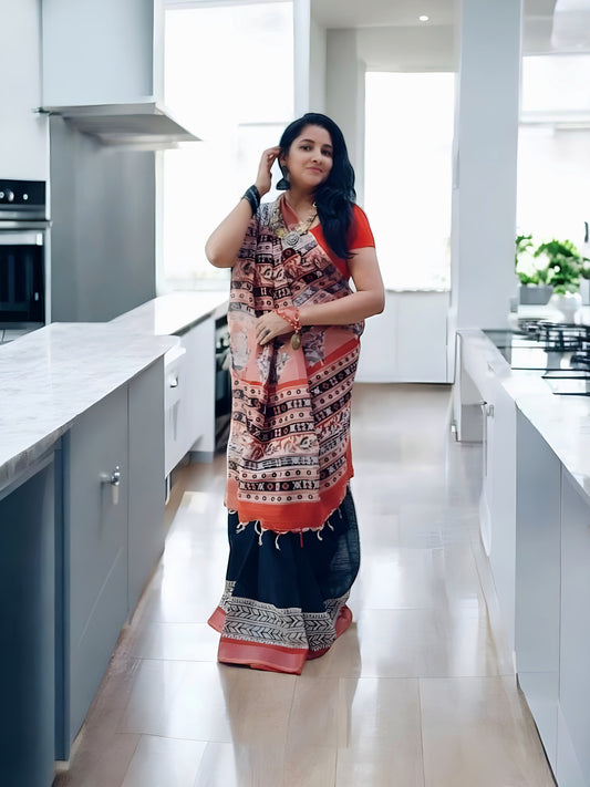 Red & Black Linen Hand Block Print Saree