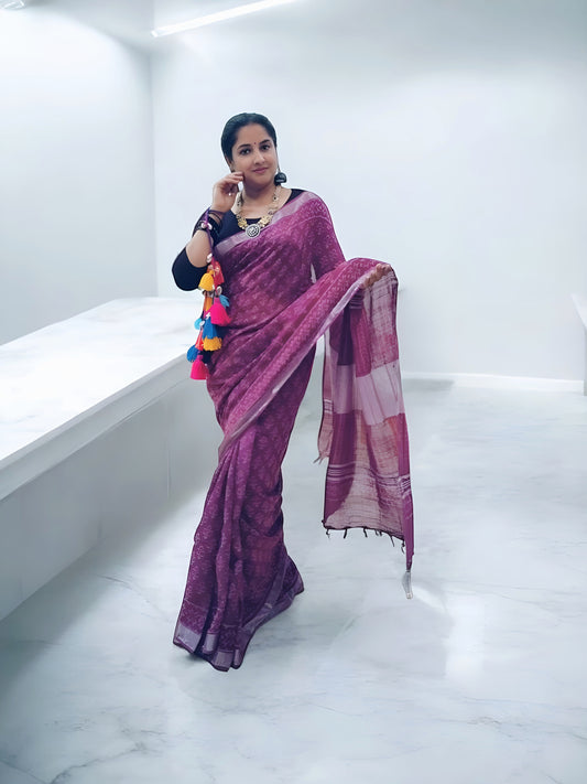Purple Linen Hand Block Print Saree