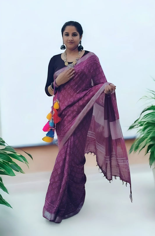 Purple Linen Hand Block Print Saree