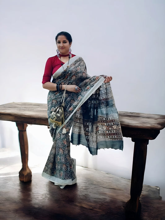Purple Linen Hand Block Print Saree