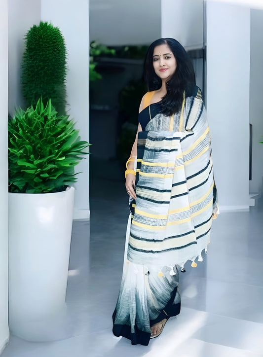 Black & White linen handloom saree