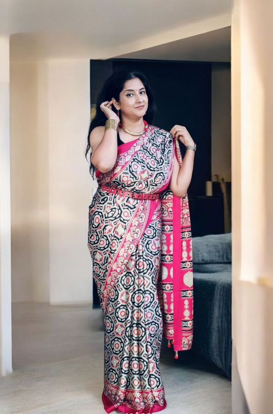 Red Linen Hand Block Print Saree
