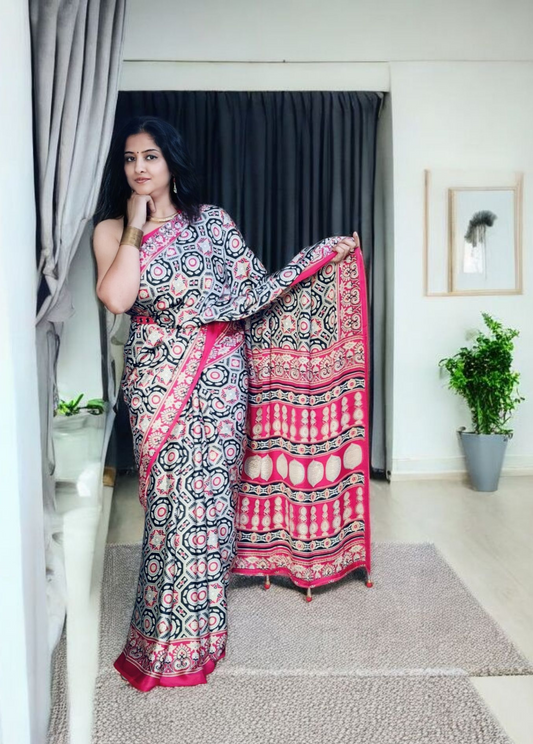 Red Linen Hand Block Print Saree