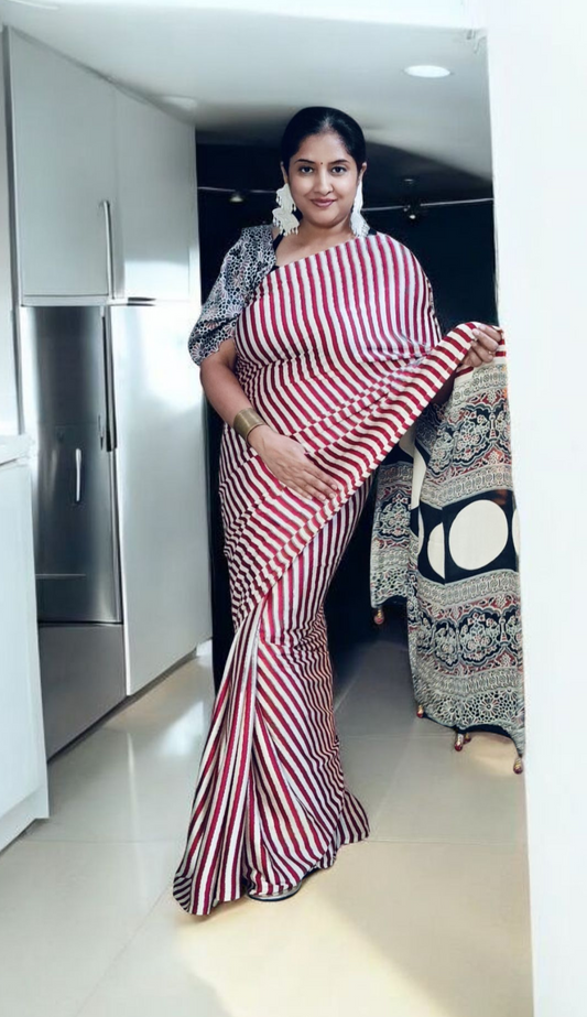 Raaga Red & White Striped Saree with Ajrakh-Inspired Pallu – Fusion of Bold & Boho