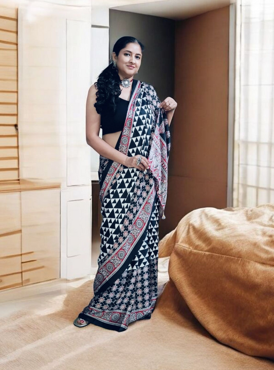 Blue Linen Hand Block Print Saree
