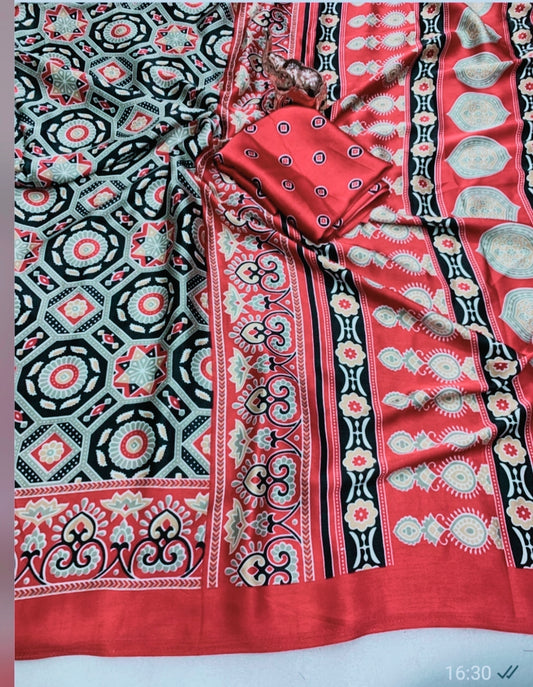 Sanskriti Handcrafted Ajrakh Print Saree – Red & Black Elegance