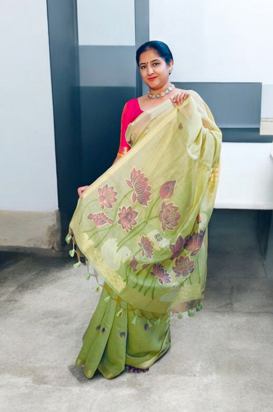 Munga cotton handloom light Green saree