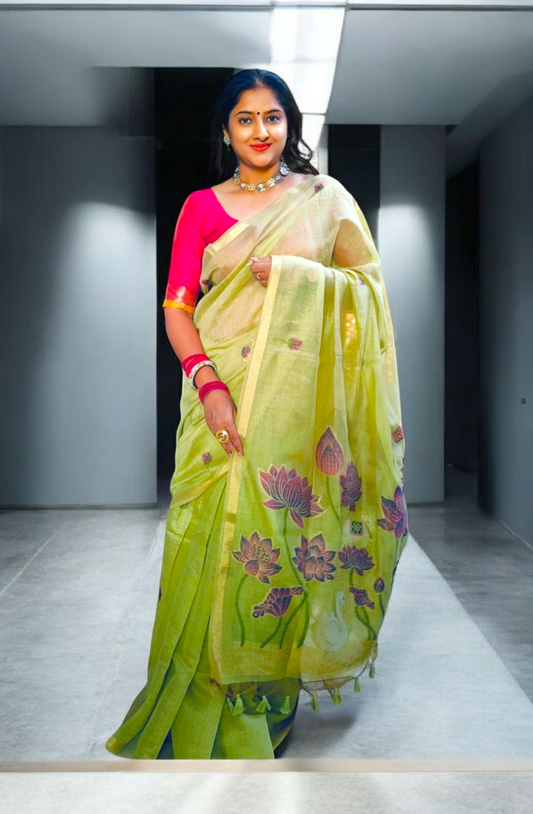 Munga cotton handloom light Green saree
