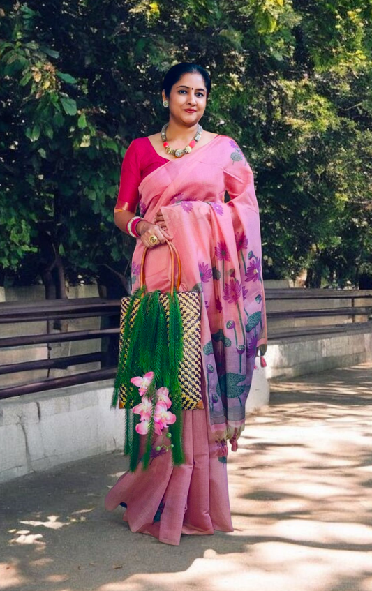 Munga cotton handloom Pink saree