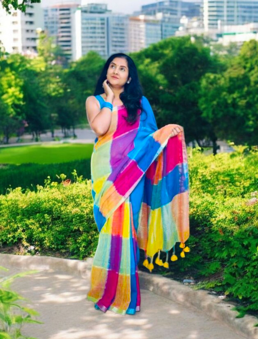 Multi Color Linen Handloom Saree