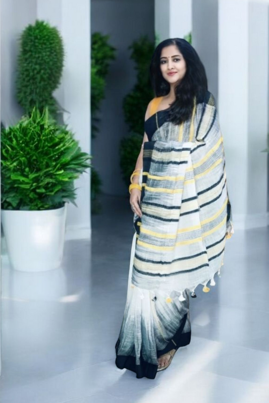 Black & White linen handloom saree