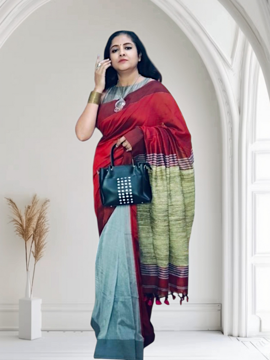 Light blue and red cotton saree