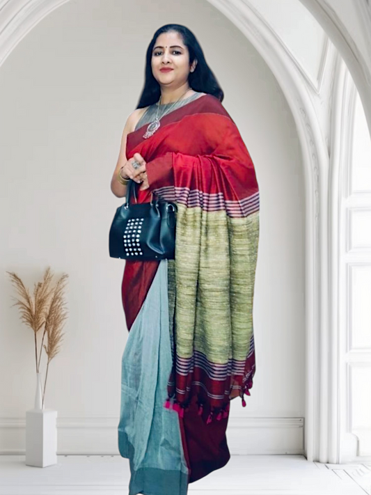 Light blue and red cotton saree