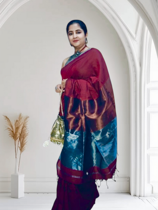 Red and Blue cotton saree