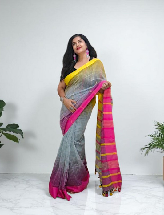 Yellow pink and gray color linen saree
