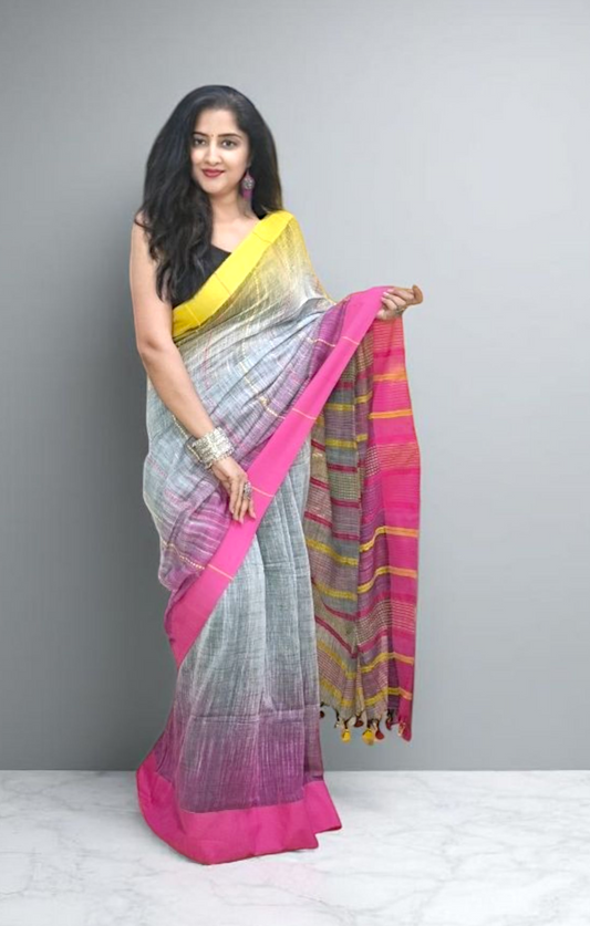 Yellow pink and gray color linen saree