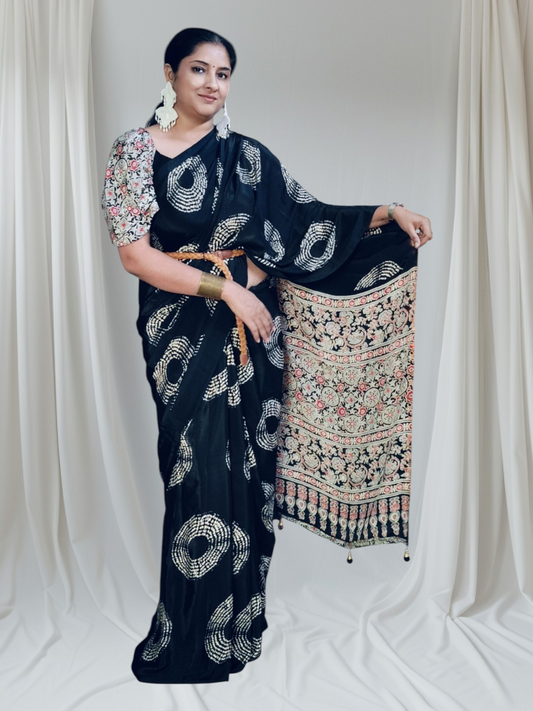 RangRaga Black Linen Hand Block Print Saree