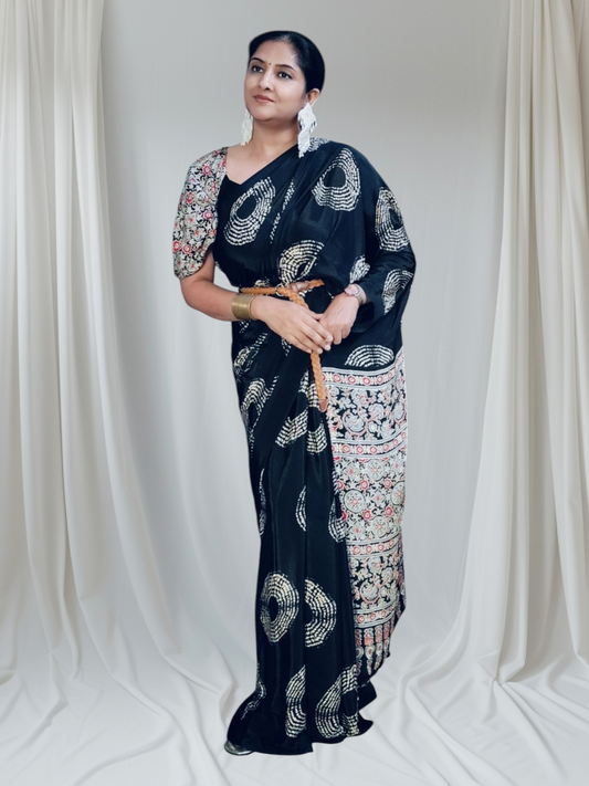 Noor Handcrafted Dabu Print Black Saree – Timeless Grace in Indigo Charm