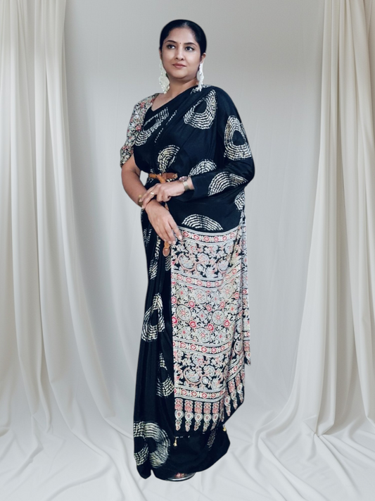 Noor Handcrafted Dabu Print Black Saree – Timeless Grace in Indigo Charm