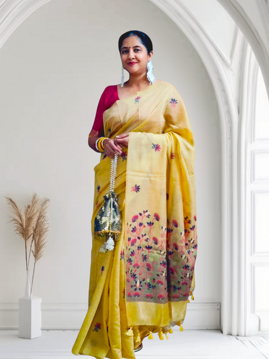 Munga cotton handloom Yellow saree