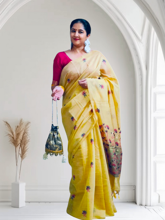 Munga cotton handloom Yellow saree