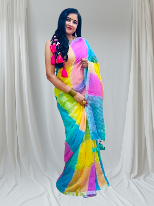 Multi Color Linen Handloom Saree