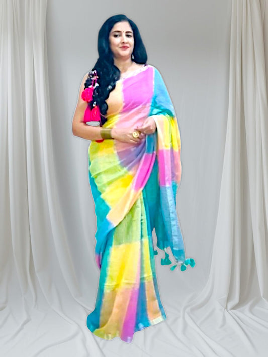 Multi Color Linen Handloom Saree