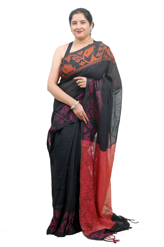 Black and Red Linen Saree for Women – Designer & Traditional Saree | Rangraga