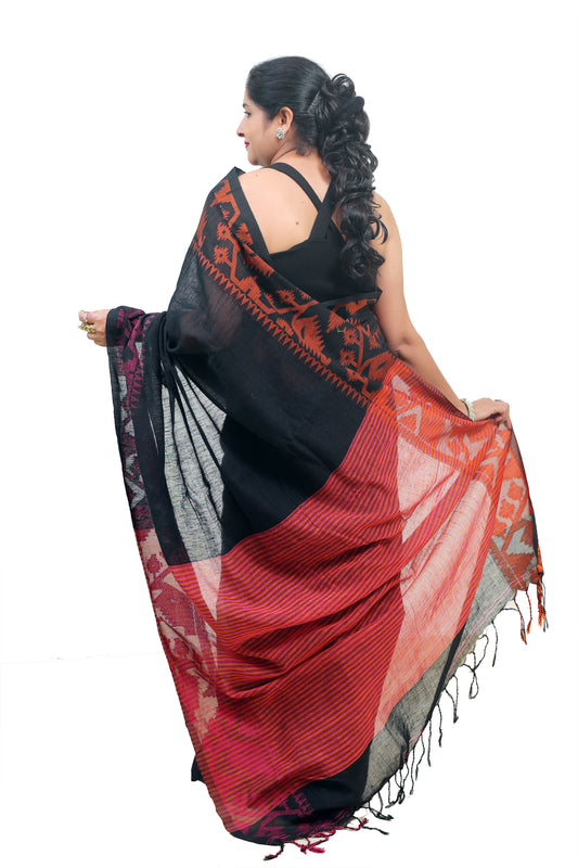 Black and Red Linen Saree for Women – Designer & Traditional Saree | Rangraga