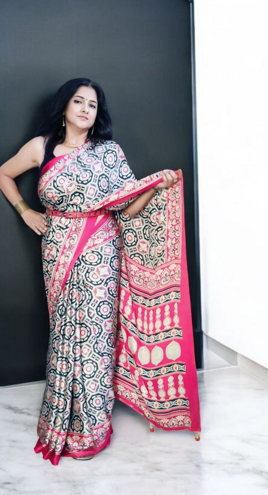 Sanskriti Handcrafted Ajrakh Print Saree – Red & Black Elegance