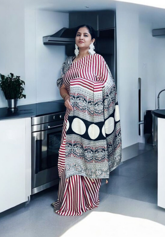 Raaga Red & White Striped Saree with Ajrakh-Inspired Pallu – Fusion of Bold & Boho