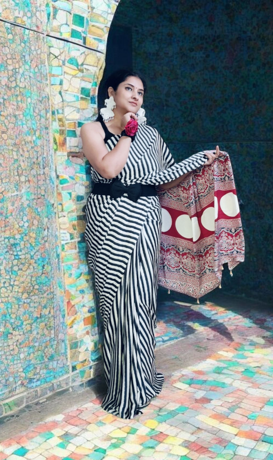Black & Red Linen Hand Block Print Saree