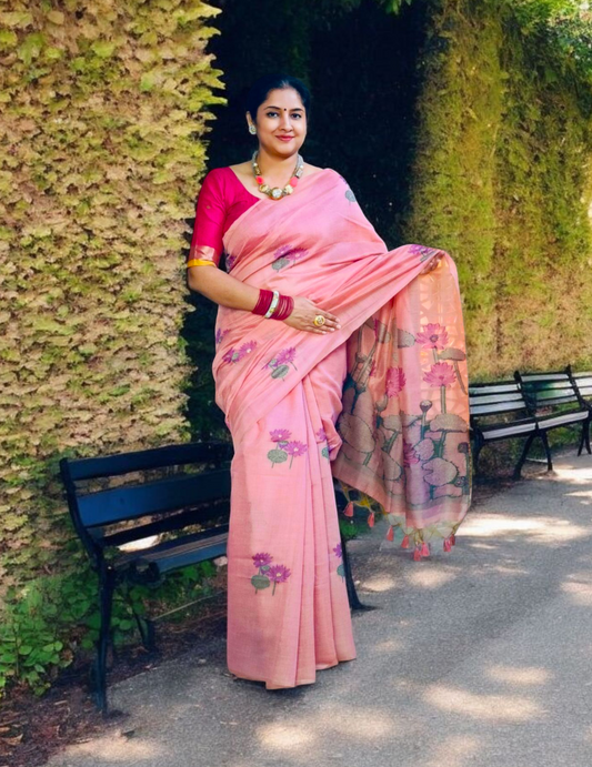 Munga cotton handloom Pink saree
