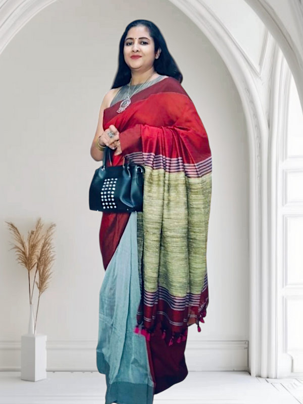 Light blue and red cotton saree